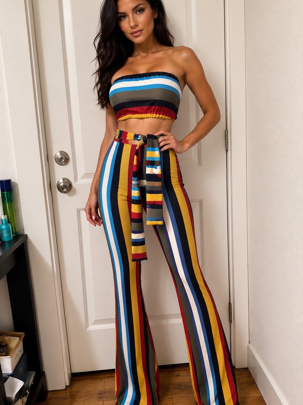 Striped High-Waist Tie-Belt Flare Pants and Tube Top- Multicolor